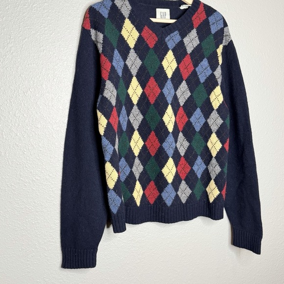 VTG 90s GAP Argyle Wool Sweater Navy V Neck Preppy Ivy Dad Core Mens M Academia - Picture 5 of 7